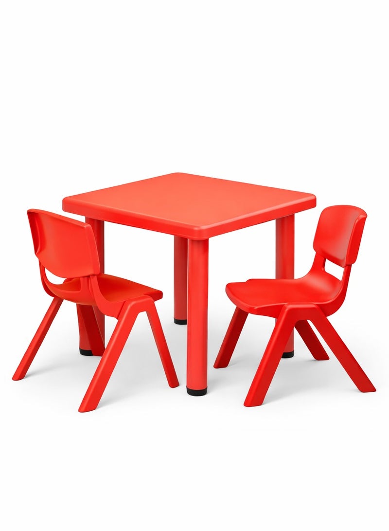 Funz Kids Square Plastic Study Table & 2 Chairs set for Home or School Size 60*60cm Height Adjustable Strong & Durable, Red - Image 1